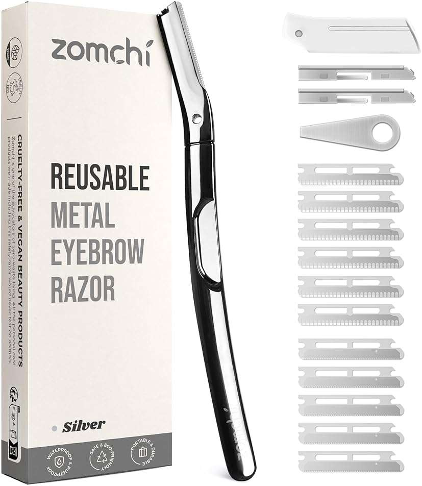 ZOMCHI Eyebrow Razor and Face Razor for Women and Men, Reusable Metal Handle with 11 Refill Blades, Dermaplane Razor with Protective Silicone Cap, Eyebrow Hair Trimmer - Polished Silver - Image 1