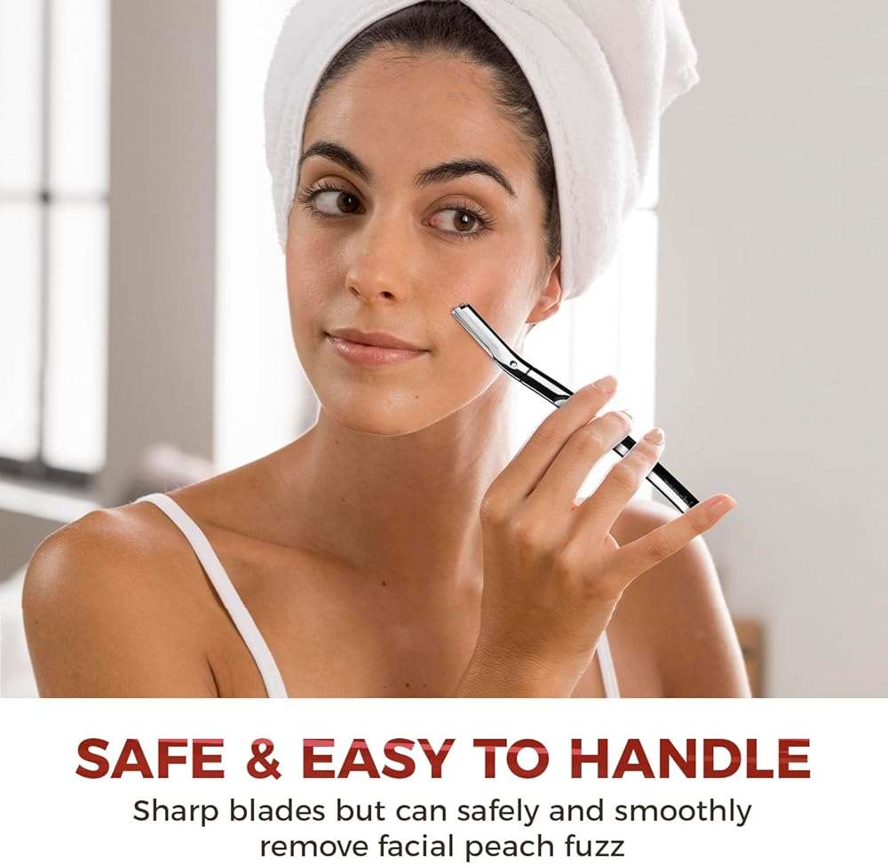 ZOMCHI Eyebrow Razor and Face Razor for Women and Men, Reusable Metal Handle with 11 Refill Blades, Dermaplane Razor with Protective Silicone Cap, Eyebrow Hair Trimmer - Polished Silver - Image 2