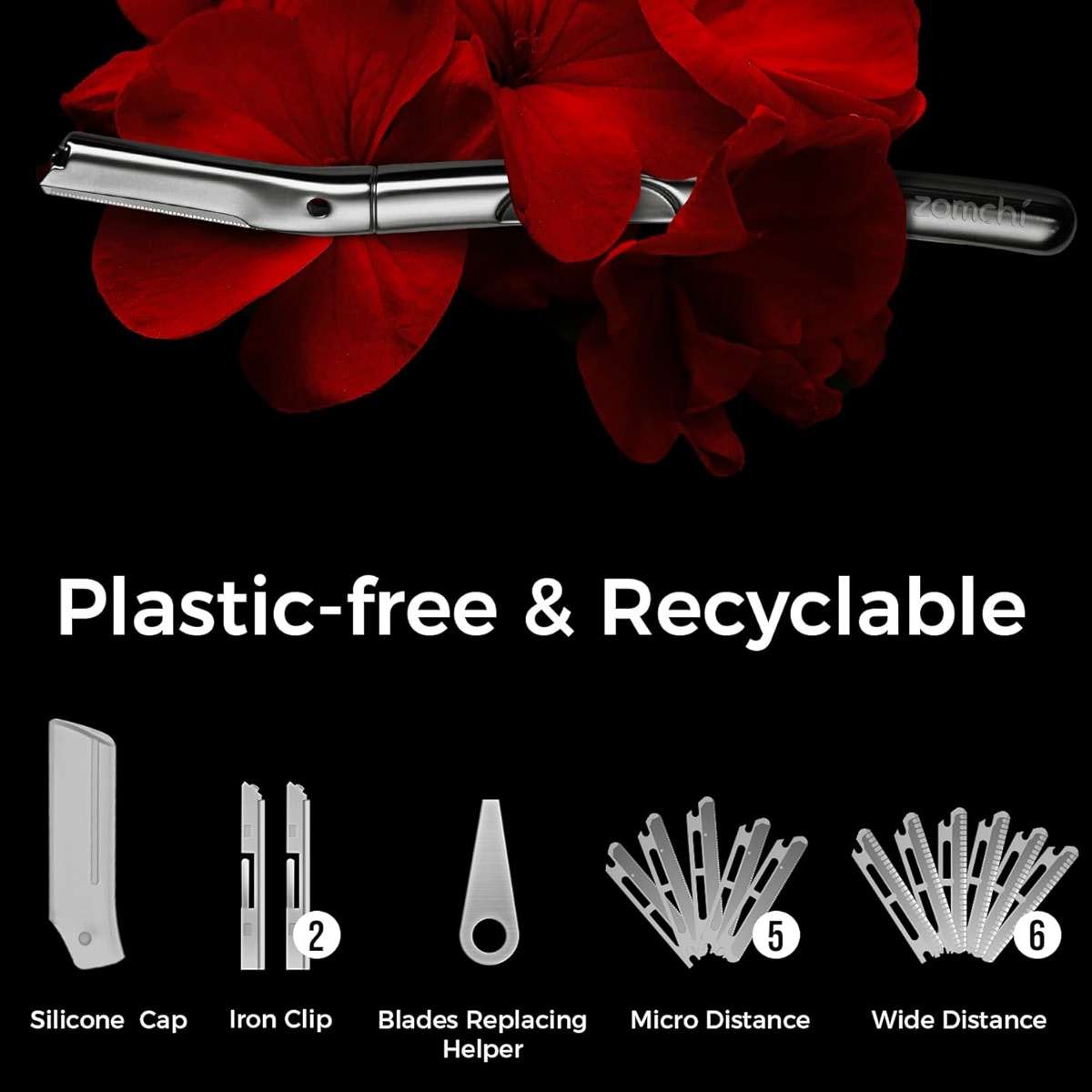 ZOMCHI Eyebrow Razor and Face Razor for Women and Men, Reusable Metal Handle with 11 Refill Blades, Dermaplane Razor with Protective Silicone Cap, Eyebrow Hair Trimmer - Polished Silver - Image 5