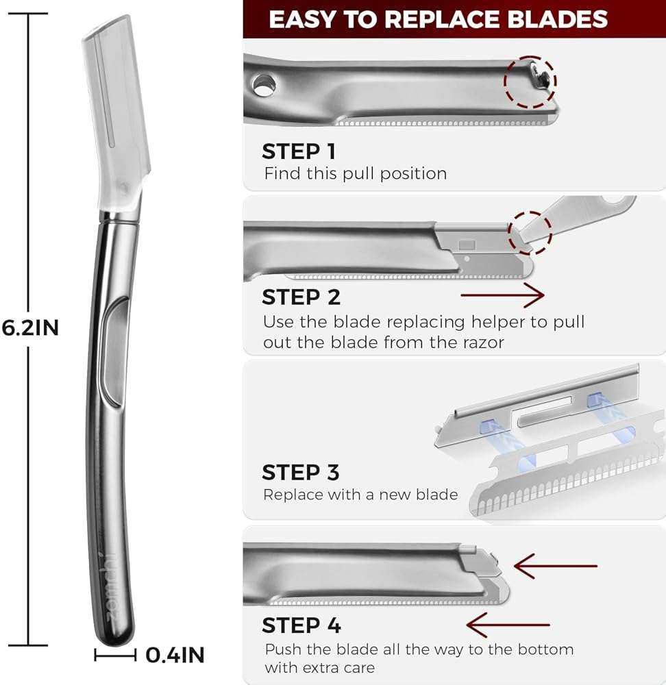 ZOMCHI Eyebrow Razor and Face Razor for Women and Men, Reusable Metal Handle with 11 Refill Blades, Dermaplane Razor with Protective Silicone Cap, Eyebrow Hair Trimmer - Polished Silver - Image 6