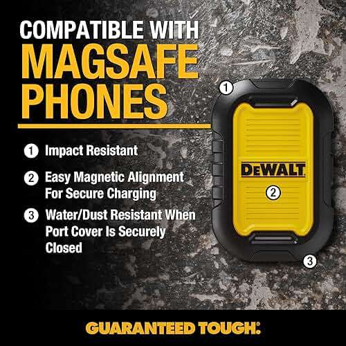 DEWALT Heavy Duty Magnetic Power Bank 5,000mAh, Rugged Wireless Portable Charger 18W Fast Charging Battery Pack, USB-C to C w/USB Adapter Cable 4' Water Resistant Works w/Magsafe iPhone 17/16/15/14 - Image 2