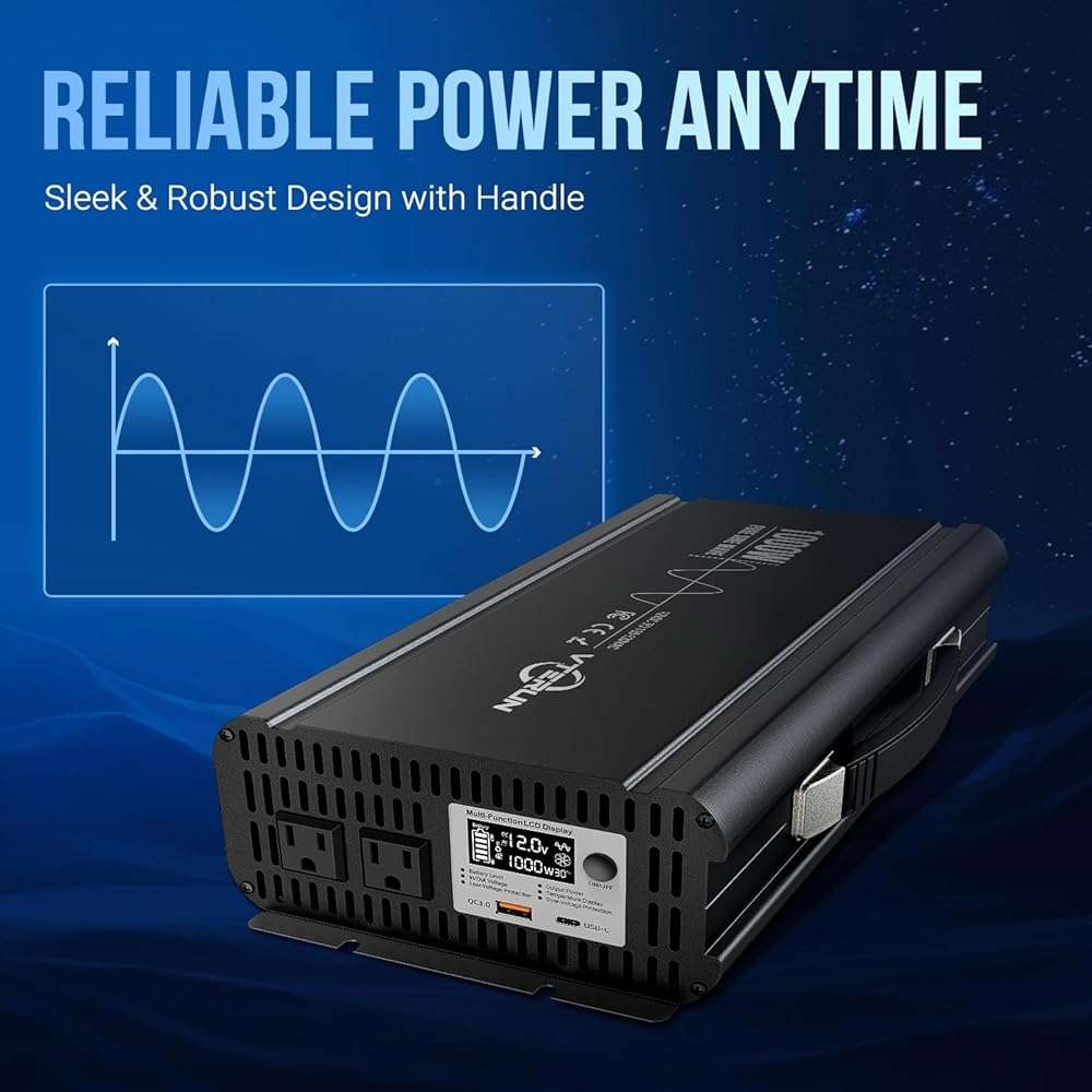 Vterun 1000W Pure Sine Wave Inverter 12V DC to 110-120V AC Efficient Energy Converter for Home, RV Use with Wireless Remote Control with USB C Ports - Image 2