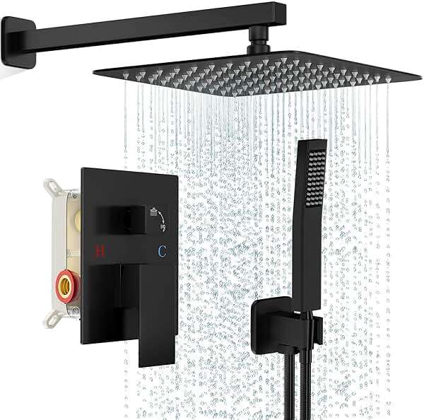 FPXRNG Black Shower Faucet Set, Rainfall Shower System with Square Shower Head and Handle Set, Wall Mounted Shower Fixtures, Full Metal Trim Repair Kit 10 inch Matte Black (With Shower Valve) - Image 1