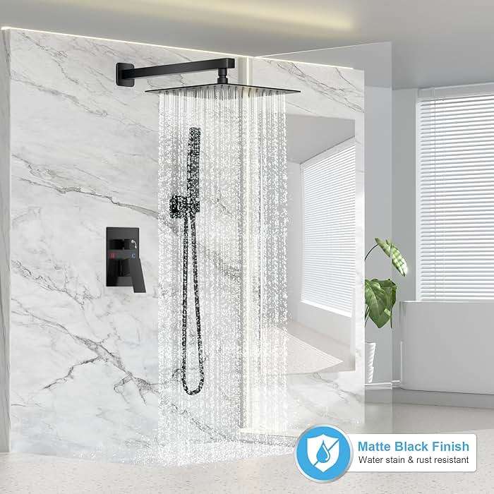 FPXRNG Black Shower Faucet Set, Rainfall Shower System with Square Shower Head and Handle Set, Wall Mounted Shower Fixtures, Full Metal Trim Repair Kit 10 inch Matte Black (With Shower Valve) - Image 2