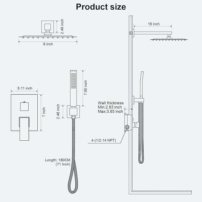 FPXRNG Black Shower Faucet Set, Rainfall Shower System with Square Shower Head and Handle Set, Wall Mounted Shower Fixtures, Full Metal Trim Repair Kit 10 inch Matte Black (With Shower Valve) - Image 3
