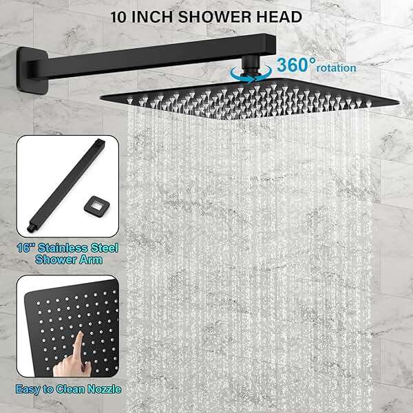 FPXRNG Black Shower Faucet Set, Rainfall Shower System with Square Shower Head and Handle Set, Wall Mounted Shower Fixtures, Full Metal Trim Repair Kit 10 inch Matte Black (With Shower Valve) - Image 5