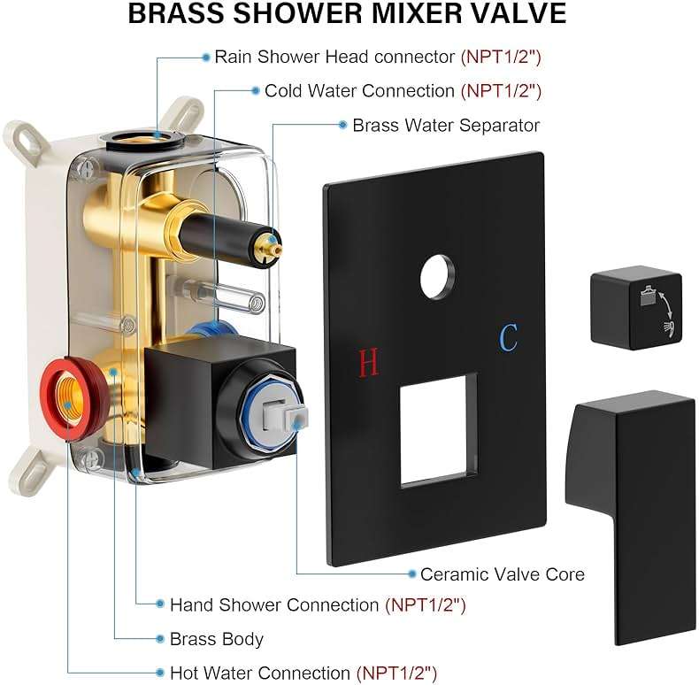 FPXRNG Black Shower Faucet Set, Rainfall Shower System with Square Shower Head and Handle Set, Wall Mounted Shower Fixtures, Full Metal Trim Repair Kit 10 inch Matte Black (With Shower Valve) - Image 7