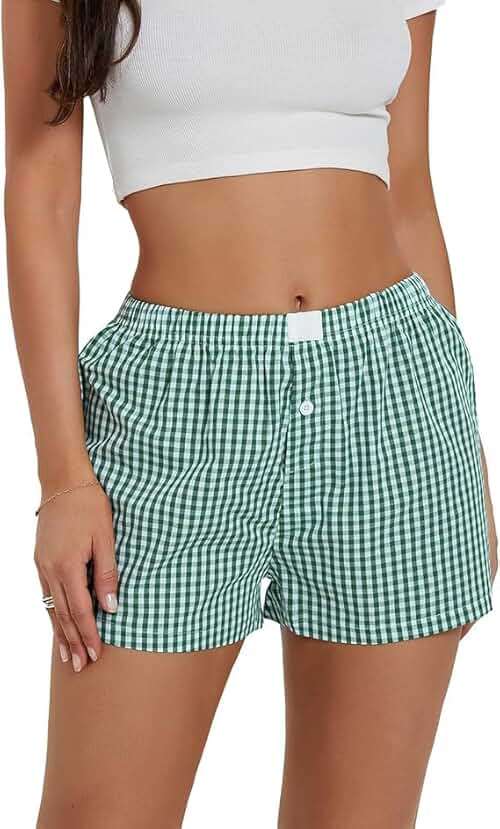 Women's Lounge Shorts Cute Soft Elastic Low Waist Plaid Print Button Front Pajama Bottoms Boxer Shorts Sleepwear - Image 1