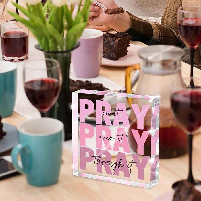 Pink Inspirational Decor Pray Over It Bible Verse Wall Art Christian Gifts for Women, 4x 4 Inches Office Desk Accessories Decor Sign, Pink Dorm Room Decoration for Women - Pray on it Pray through it - Image 2
