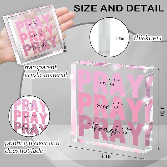 Pink Inspirational Decor Pray Over It Bible Verse Wall Art Christian Gifts for Women, 4x 4 Inches Office Desk Accessories Decor Sign, Pink Dorm Room Decoration for Women - Pray on it Pray through it - Image 3