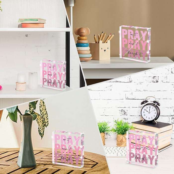 Pink Inspirational Decor Pray Over It Bible Verse Wall Art Christian Gifts for Women, 4x 4 Inches Office Desk Accessories Decor Sign, Pink Dorm Room Decoration for Women - Pray on it Pray through it - Image 4