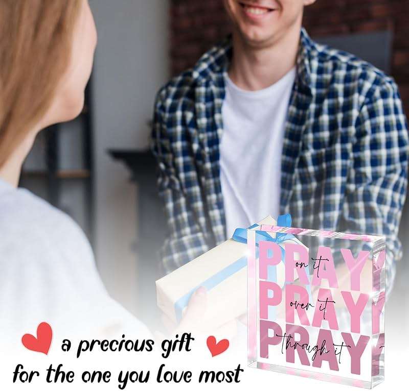 Pink Inspirational Decor Pray Over It Bible Verse Wall Art Christian Gifts for Women, 4x 4 Inches Office Desk Accessories Decor Sign, Pink Dorm Room Decoration for Women - Pray on it Pray through it - Image 5