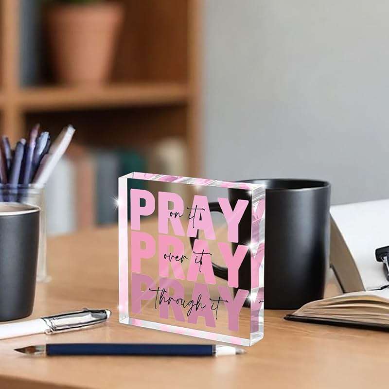 Pink Inspirational Decor Pray Over It Bible Verse Wall Art Christian Gifts for Women, 4x 4 Inches Office Desk Accessories Decor Sign, Pink Dorm Room Decoration for Women - Pray on it Pray through it - Image 6