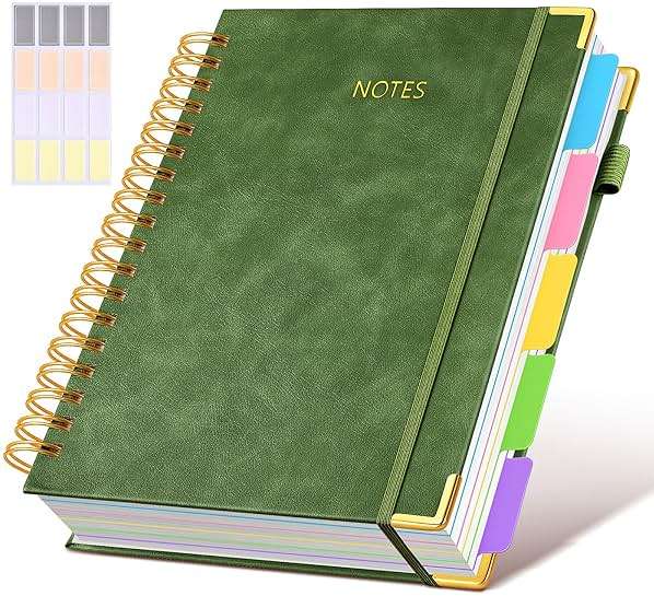 Hardcover Spiral Notebook journal with Removable Dividers Tabs, 300 Pages Leather 5 Subject Notebook College Ruled, 8"x10" Large B5 Notebooks for Work School Note taking, Lined Journal for Women,Green - Image 1