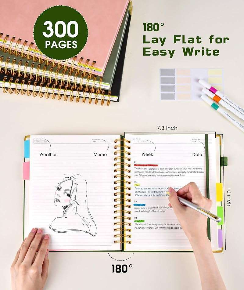 Hardcover Spiral Notebook journal with Removable Dividers Tabs, 300 Pages Leather 5 Subject Notebook College Ruled, 8"x10" Large B5 Notebooks for Work School Note taking, Lined Journal for Women,Green - Image 2