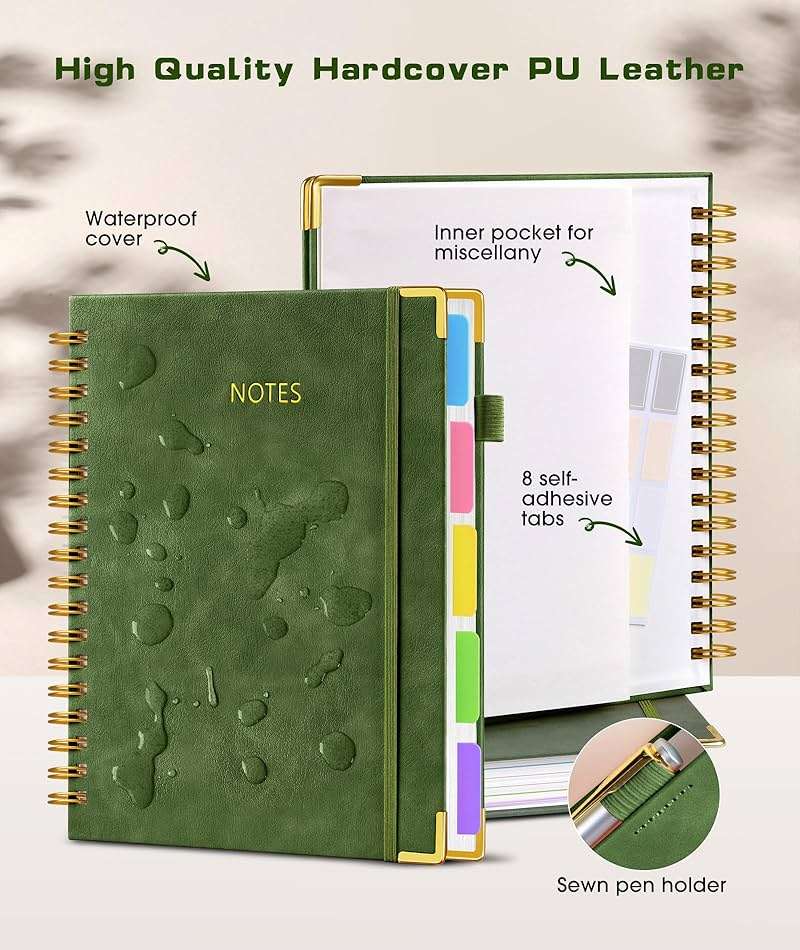 Hardcover Spiral Notebook journal with Removable Dividers Tabs, 300 Pages Leather 5 Subject Notebook College Ruled, 8"x10" Large B5 Notebooks for Work School Note taking, Lined Journal for Women,Green - Image 3
