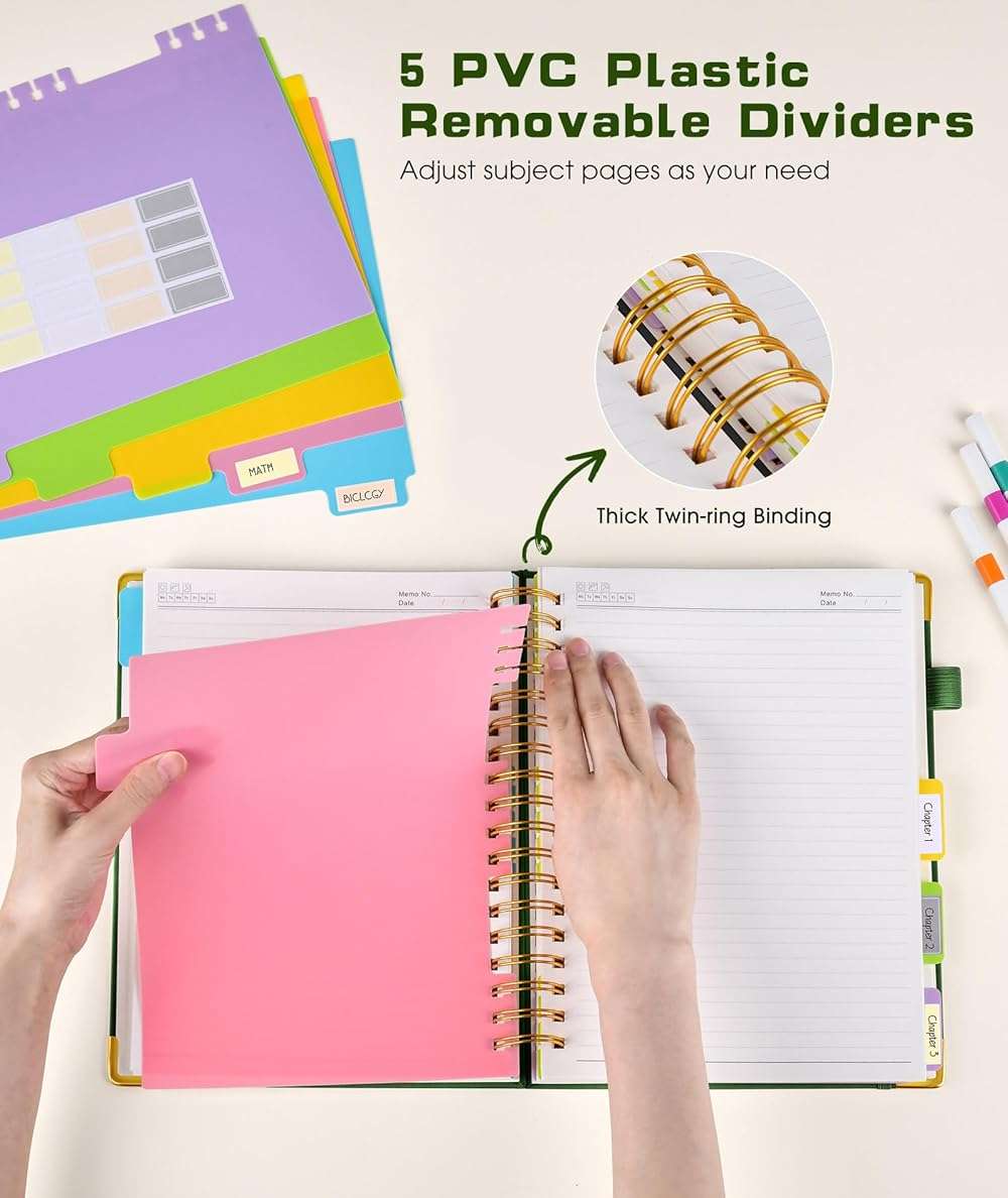 Hardcover Spiral Notebook journal with Removable Dividers Tabs, 300 Pages Leather 5 Subject Notebook College Ruled, 8"x10" Large B5 Notebooks for Work School Note taking, Lined Journal for Women,Green - Image 5
