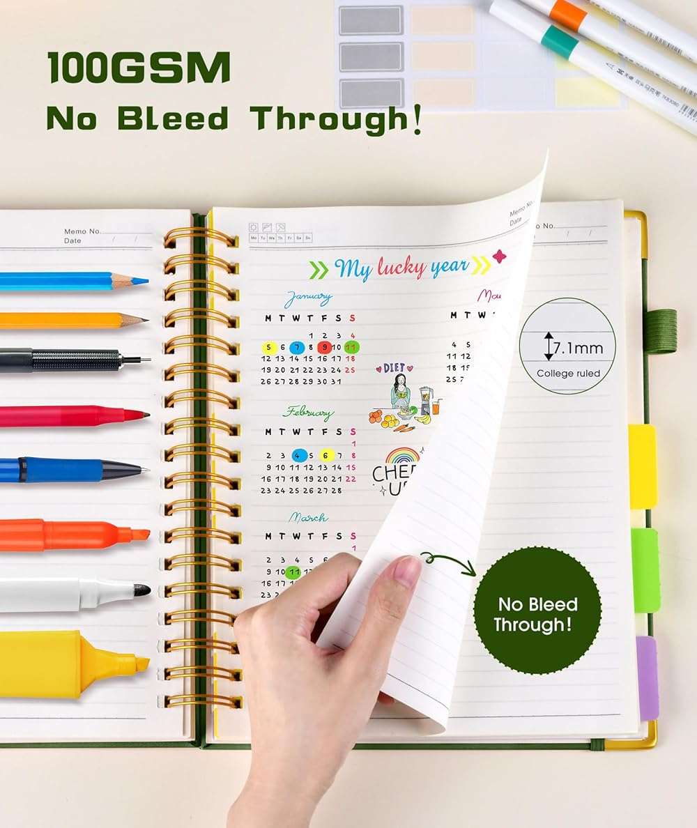 Hardcover Spiral Notebook journal with Removable Dividers Tabs, 300 Pages Leather 5 Subject Notebook College Ruled, 8"x10" Large B5 Notebooks for Work School Note taking, Lined Journal for Women,Green - Image 6