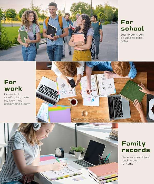 Hardcover Spiral Notebook journal with Removable Dividers Tabs, 300 Pages Leather 5 Subject Notebook College Ruled, 8"x10" Large B5 Notebooks for Work School Note taking, Lined Journal for Women,Green - Image 7