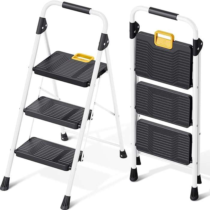KINGRACK 3 Step Folding Ladder, 800lbs Capacity Step Stool with Safety Lock, Non-Skid Wide Pedals, and Handrail, Lightweight, Household Ladder for Home, Kitchen, Pantry, Closets, and Office Use, White - Image 1