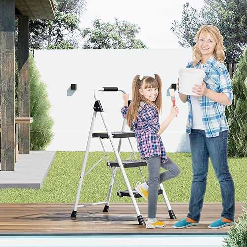 KINGRACK 3 Step Folding Ladder, 800lbs Capacity Step Stool with Safety Lock, Non-Skid Wide Pedals, and Handrail, Lightweight, Household Ladder for Home, Kitchen, Pantry, Closets, and Office Use, White - Image 2