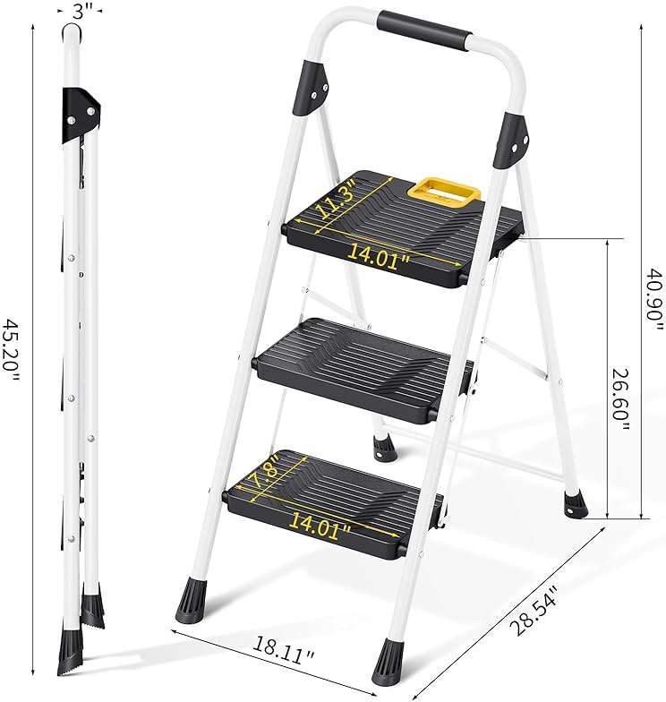 KINGRACK 3 Step Folding Ladder, 800lbs Capacity Step Stool with Safety Lock, Non-Skid Wide Pedals, and Handrail, Lightweight, Household Ladder for Home, Kitchen, Pantry, Closets, and Office Use, White - Image 3