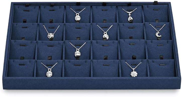 Papten 24 Grids Microfiber Necklace Tray Jewelry Display Tray Necklace Holder Display Trays for Drawers With Removable Jewelery Cards Necklace Pendant Bracelet Storage Tray (Blue) - Image 1