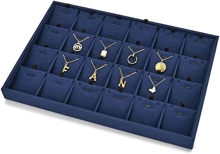 Papten 24 Grids Microfiber Necklace Tray Jewelry Display Tray Necklace Holder Display Trays for Drawers With Removable Jewelery Cards Necklace Pendant Bracelet Storage Tray (Blue) - Image 4