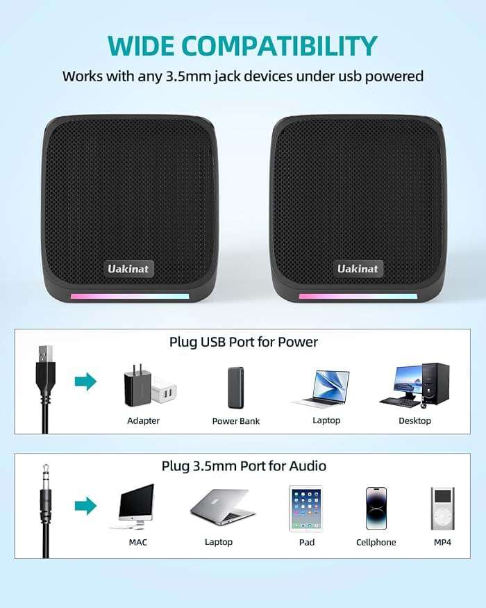 Uakinat Computer Speakers,Computer Speakers for Desktop PC,Desktop Speakers,Small Computer Speakers USB Powered 3.5mm Aux Speaker for PC,Laptop,Tablet,Phone - Image 3