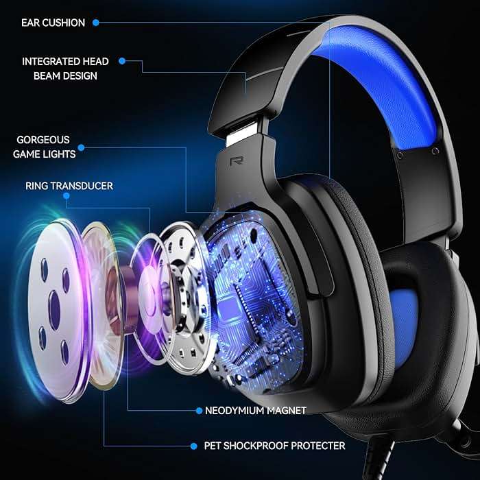 Jimonyer Gaming Headset for PS5 PS4 PC Xbox Series X|S Switch, 7.1 Stereo Surround Sound Over Ear Headphones with Noise Canceling Mic, RGB LED Light, Soft Memory Earmuffs for Gaming or Work (Blue) - Image 2