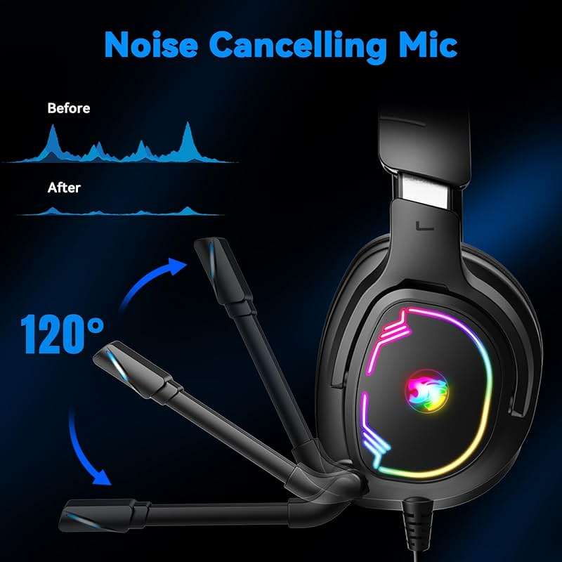 Jimonyer Gaming Headset for PS5 PS4 PC Xbox Series X|S Switch, 7.1 Stereo Surround Sound Over Ear Headphones with Noise Canceling Mic, RGB LED Light, Soft Memory Earmuffs for Gaming or Work (Blue) - Image 4