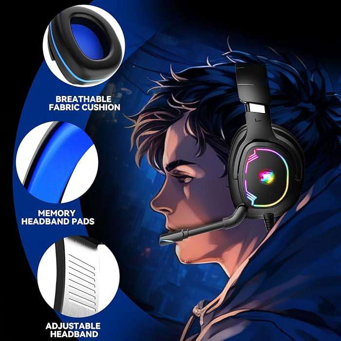 Jimonyer Gaming Headset for PS5 PS4 PC Xbox Series X|S Switch, 7.1 Stereo Surround Sound Over Ear Headphones with Noise Canceling Mic, RGB LED Light, Soft Memory Earmuffs for Gaming or Work (Blue) - Image 5