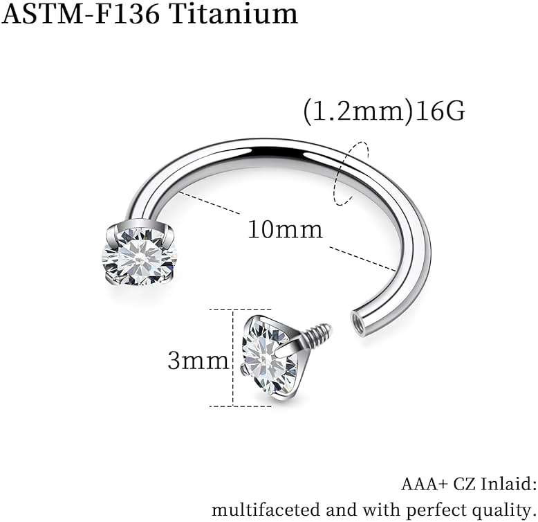 Rmsnxnnz 16G F136 Titanium Internal Thread Horseshoe Septum Nose Ring Piercing Jewelry Circular Barbell Helix Snug Tragus Rook Daith Cartilage Earring Lip Ring Piercing Jewelry for Women Men 8MM 10MM - Image 3