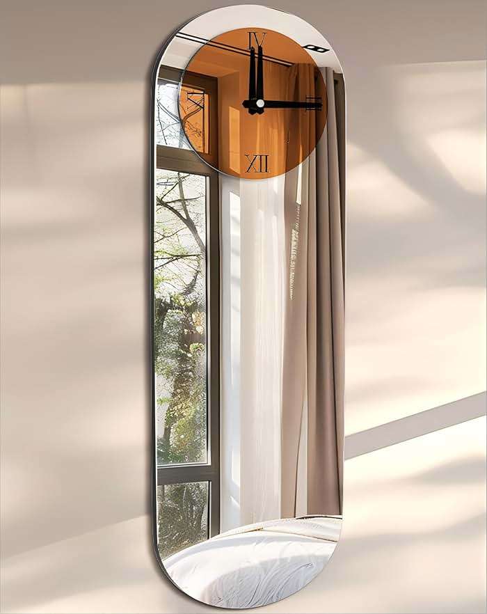 Artloge Art Deco Wall Clock: 39.3x12.6 inch Oval Decorative Mirrored Clock with Brown and Silver Glass Mirror Beveled Edge Frame, Luxury Modern Home Decoration for Livingroom Entryway - Image 1