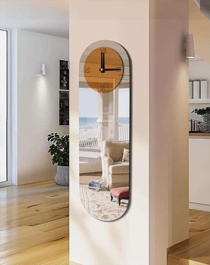 Artloge Art Deco Wall Clock: 39.3x12.6 inch Oval Decorative Mirrored Clock with Brown and Silver Glass Mirror Beveled Edge Frame, Luxury Modern Home Decoration for Livingroom Entryway - Image 2