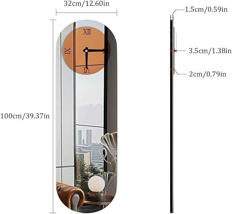 Artloge Art Deco Wall Clock: 39.3x12.6 inch Oval Decorative Mirrored Clock with Brown and Silver Glass Mirror Beveled Edge Frame, Luxury Modern Home Decoration for Livingroom Entryway - Image 3