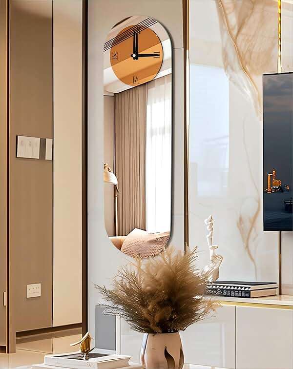 Artloge Art Deco Wall Clock: 39.3x12.6 inch Oval Decorative Mirrored Clock with Brown and Silver Glass Mirror Beveled Edge Frame, Luxury Modern Home Decoration for Livingroom Entryway - Image 5