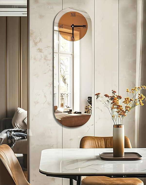 Artloge Art Deco Wall Clock: 39.3x12.6 inch Oval Decorative Mirrored Clock with Brown and Silver Glass Mirror Beveled Edge Frame, Luxury Modern Home Decoration for Livingroom Entryway - Image 8