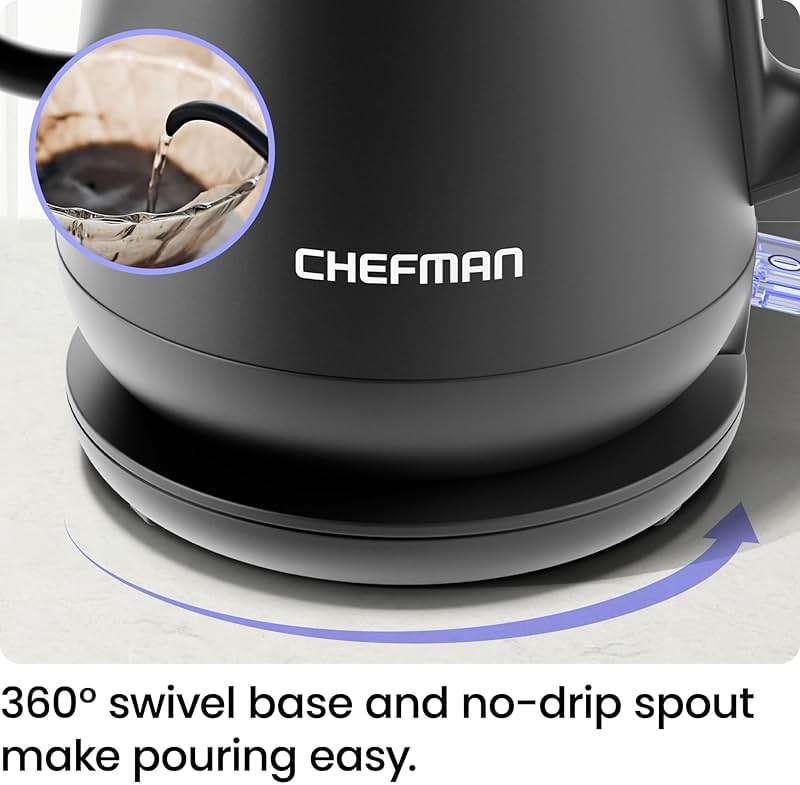 Chefman Gooseneck Electric Kettle, 0.8L Pour Over Tea Kettle for Coffee and Tea, One-Touch Operation, Boil-Dry Protection, Auto Shut-Off, Ultra-Fast Hot Water Boiler – Black - Image 7