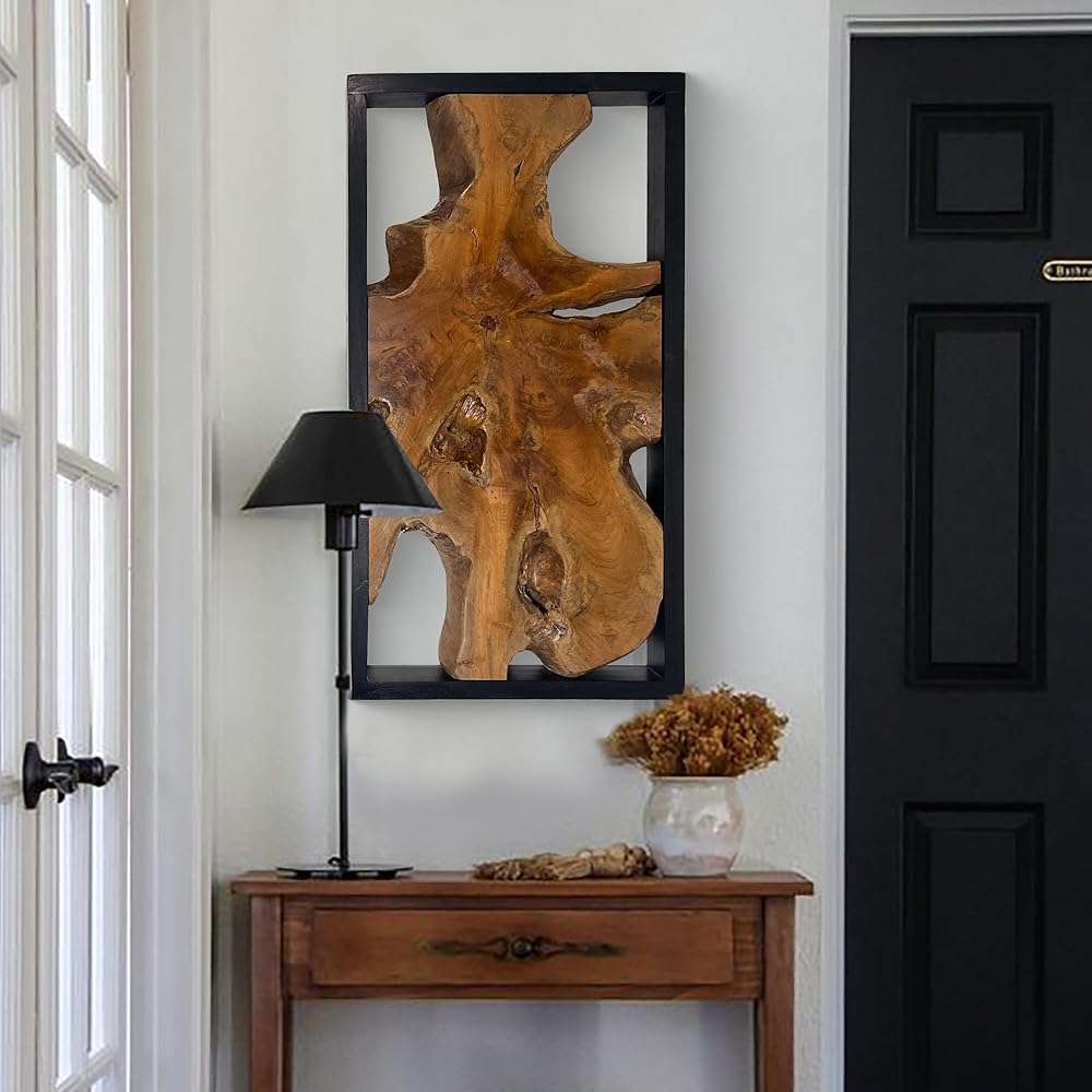Warmaxx Teak Natural Wood Wall Art Decoration 31.6" x 15.8" Rectangle Farmhouse Wall Art Décor Home Living Room Vintage Accent Bedroom Office Rustic Handcrafted Wooden Floral Design - Image 1