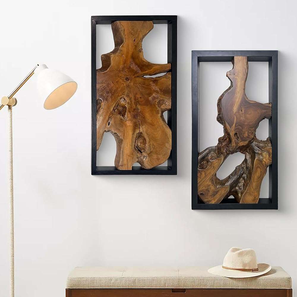 Warmaxx Teak Natural Wood Wall Art Decoration 31.6" x 15.8" Rectangle Farmhouse Wall Art Décor Home Living Room Vintage Accent Bedroom Office Rustic Handcrafted Wooden Floral Design - Image 4