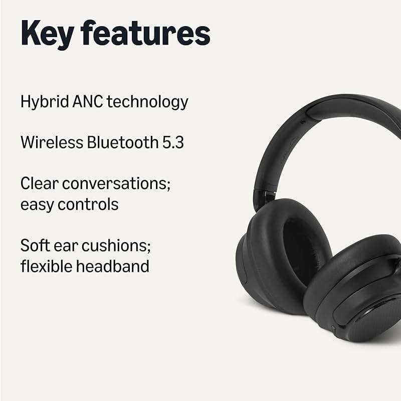 Amazon Basics Hybrid Active Noise Cancelling Headphones, Wireless Bluetooth 5.3, 35 Hours Battery Life with ANC On, 45 Hours with ANC Off, Over Ear Comfortable Fit with Soft Ear Cushions, Black - Image 2