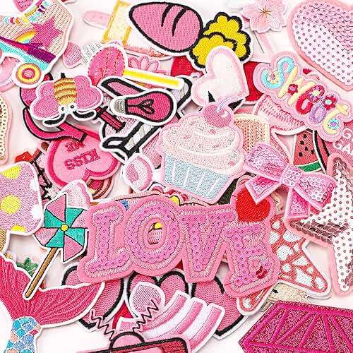36pcs Pink Embroidered Patches Random Assorted Styles Pink Theme Iron on Patches for Girls Western Cowgirl DIY Sew Applique Repair Patch Cute Preppy Sew on Patches for Backpacks Pants Clothes Jeans - Image 6