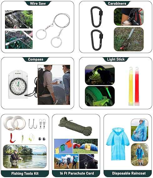 Survival Kit, 262Pcs Survival Gear and Supplies with First Aid Kit Pouch and Crossbody Bag, Emergency Kit with Tent, Camping Axe Hammer, Survival Shovel w/Pick, Bug Out Bag Gifts for Men Women - Image 8