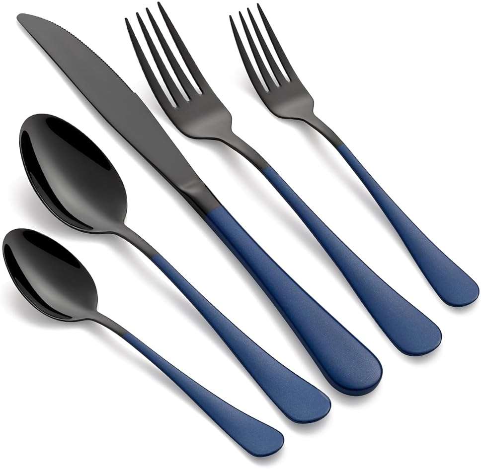 LKTDYMEG 20-Piece Black and Dark Blue Silverware Set 18/0 Stainless Steel Silverware Set Dark Blue Handle Cutlery Set Service for 4 Dinner Knives Forks Spoons Set Flatware Set Finish Dishwasher Safe - Image 1