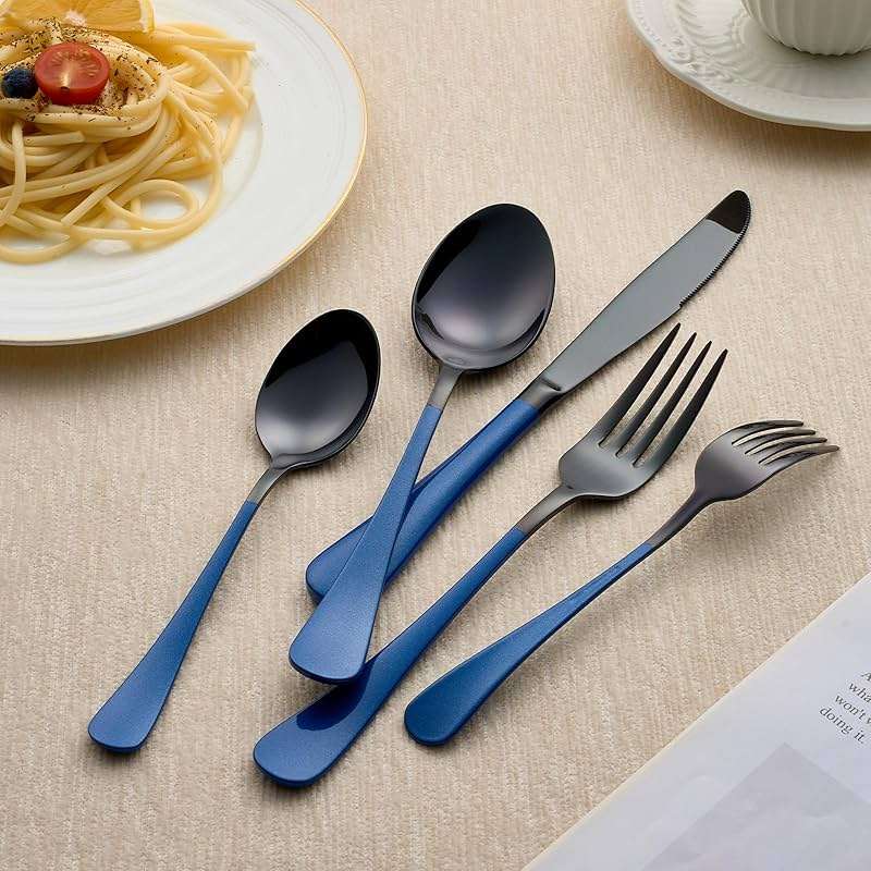 LKTDYMEG 20-Piece Black and Dark Blue Silverware Set 18/0 Stainless Steel Silverware Set Dark Blue Handle Cutlery Set Service for 4 Dinner Knives Forks Spoons Set Flatware Set Finish Dishwasher Safe - Image 2
