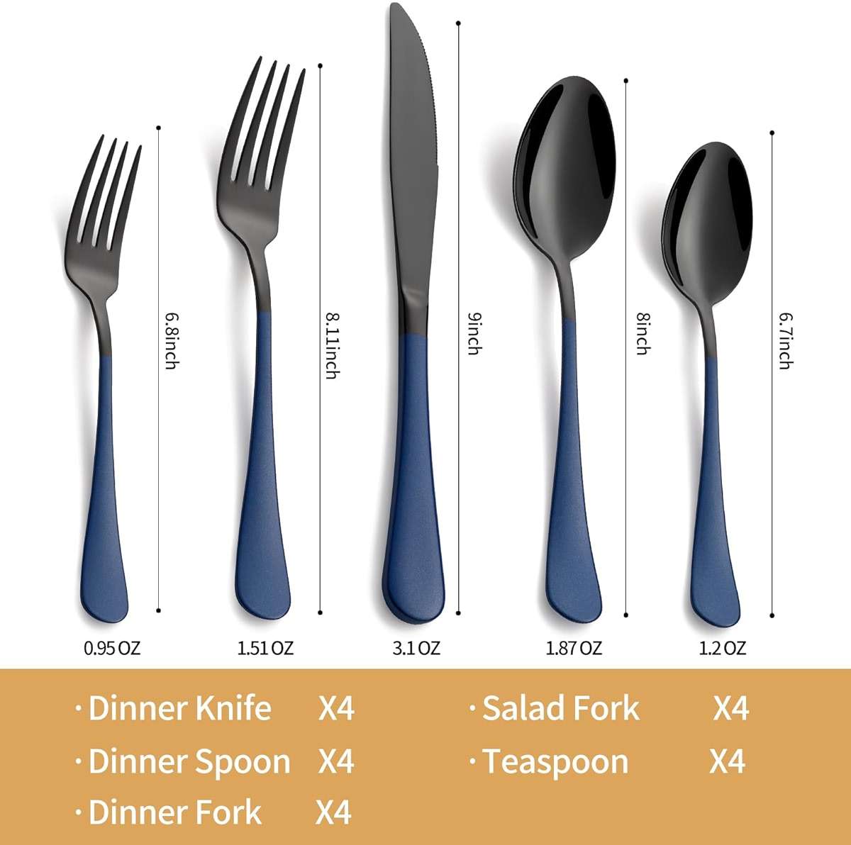 LKTDYMEG 20-Piece Black and Dark Blue Silverware Set 18/0 Stainless Steel Silverware Set Dark Blue Handle Cutlery Set Service for 4 Dinner Knives Forks Spoons Set Flatware Set Finish Dishwasher Safe - Image 3