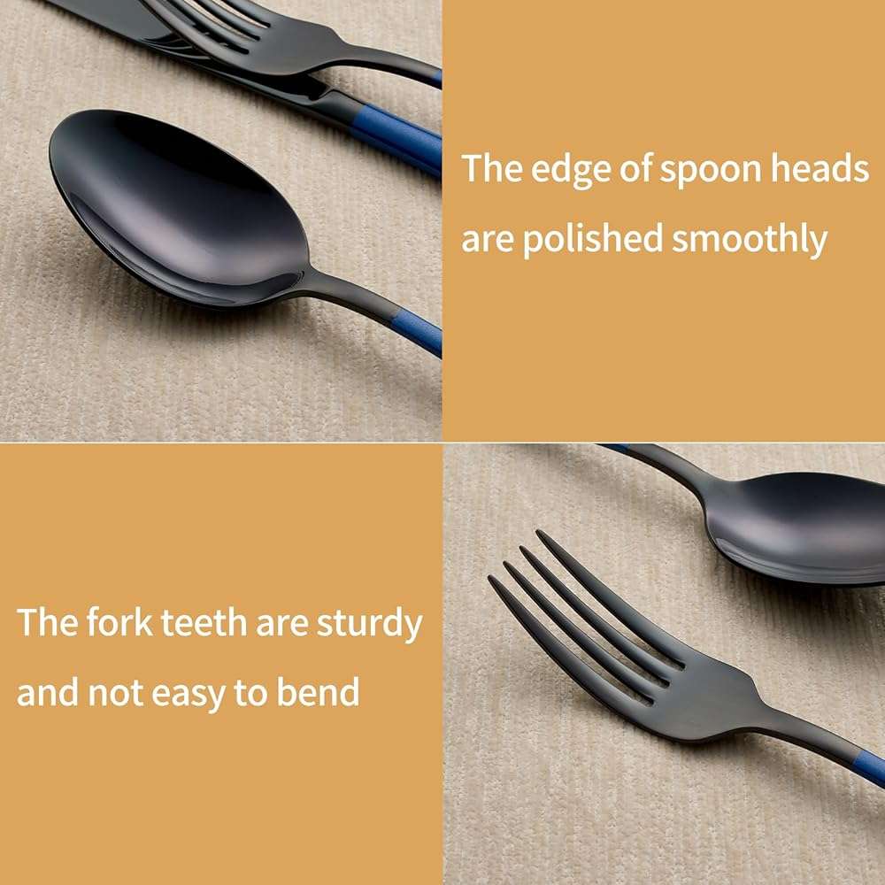 LKTDYMEG 20-Piece Black and Dark Blue Silverware Set 18/0 Stainless Steel Silverware Set Dark Blue Handle Cutlery Set Service for 4 Dinner Knives Forks Spoons Set Flatware Set Finish Dishwasher Safe - Image 4