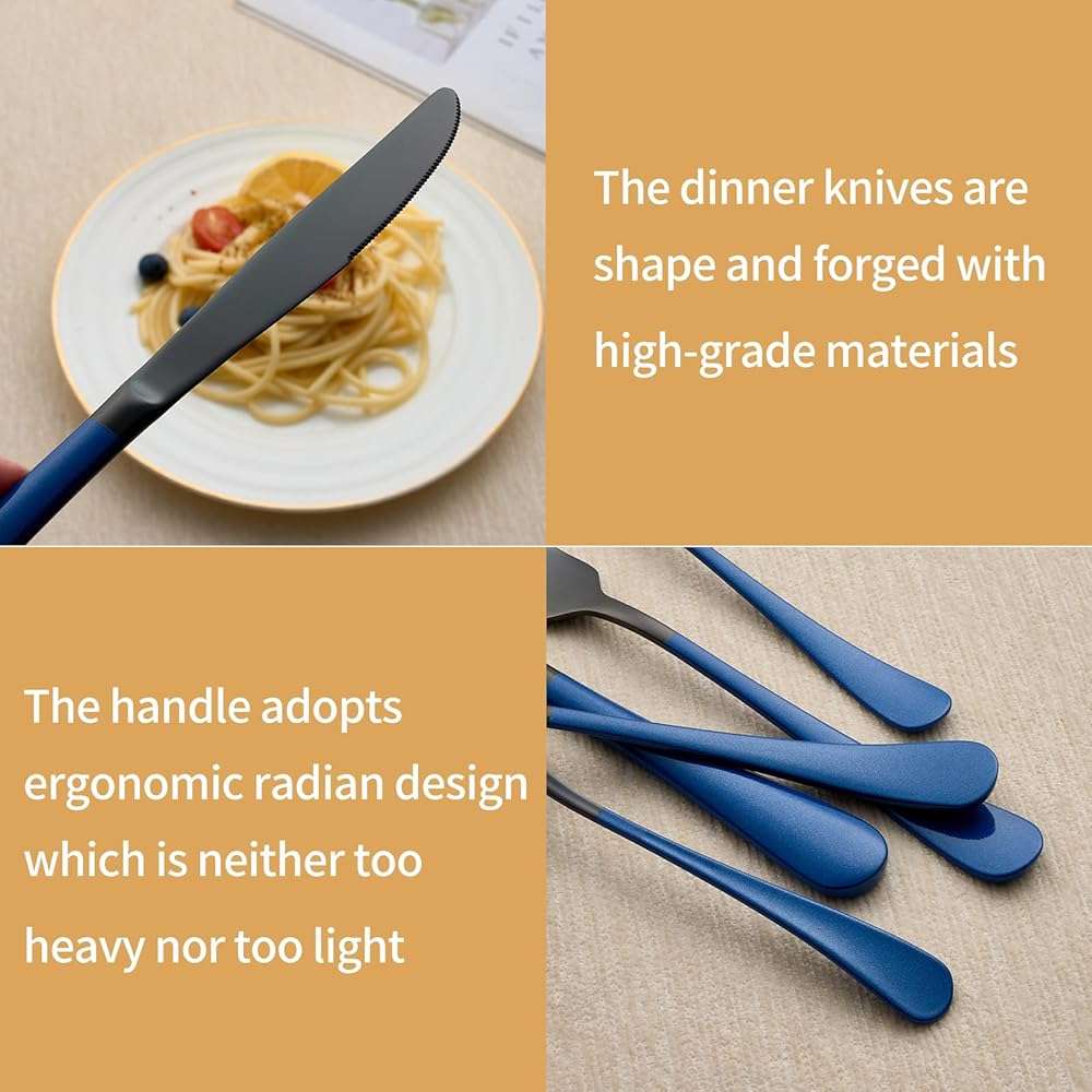 LKTDYMEG 20-Piece Black and Dark Blue Silverware Set 18/0 Stainless Steel Silverware Set Dark Blue Handle Cutlery Set Service for 4 Dinner Knives Forks Spoons Set Flatware Set Finish Dishwasher Safe - Image 5