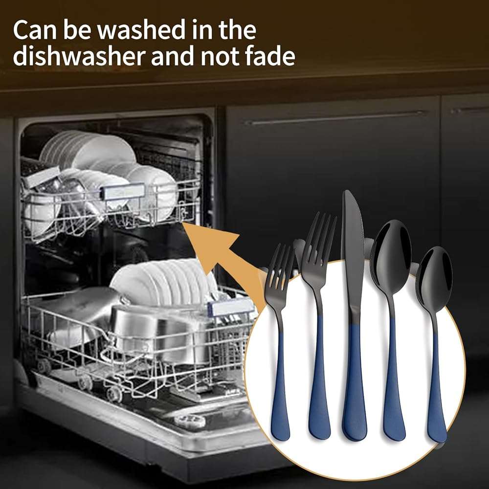 LKTDYMEG 20-Piece Black and Dark Blue Silverware Set 18/0 Stainless Steel Silverware Set Dark Blue Handle Cutlery Set Service for 4 Dinner Knives Forks Spoons Set Flatware Set Finish Dishwasher Safe - Image 6